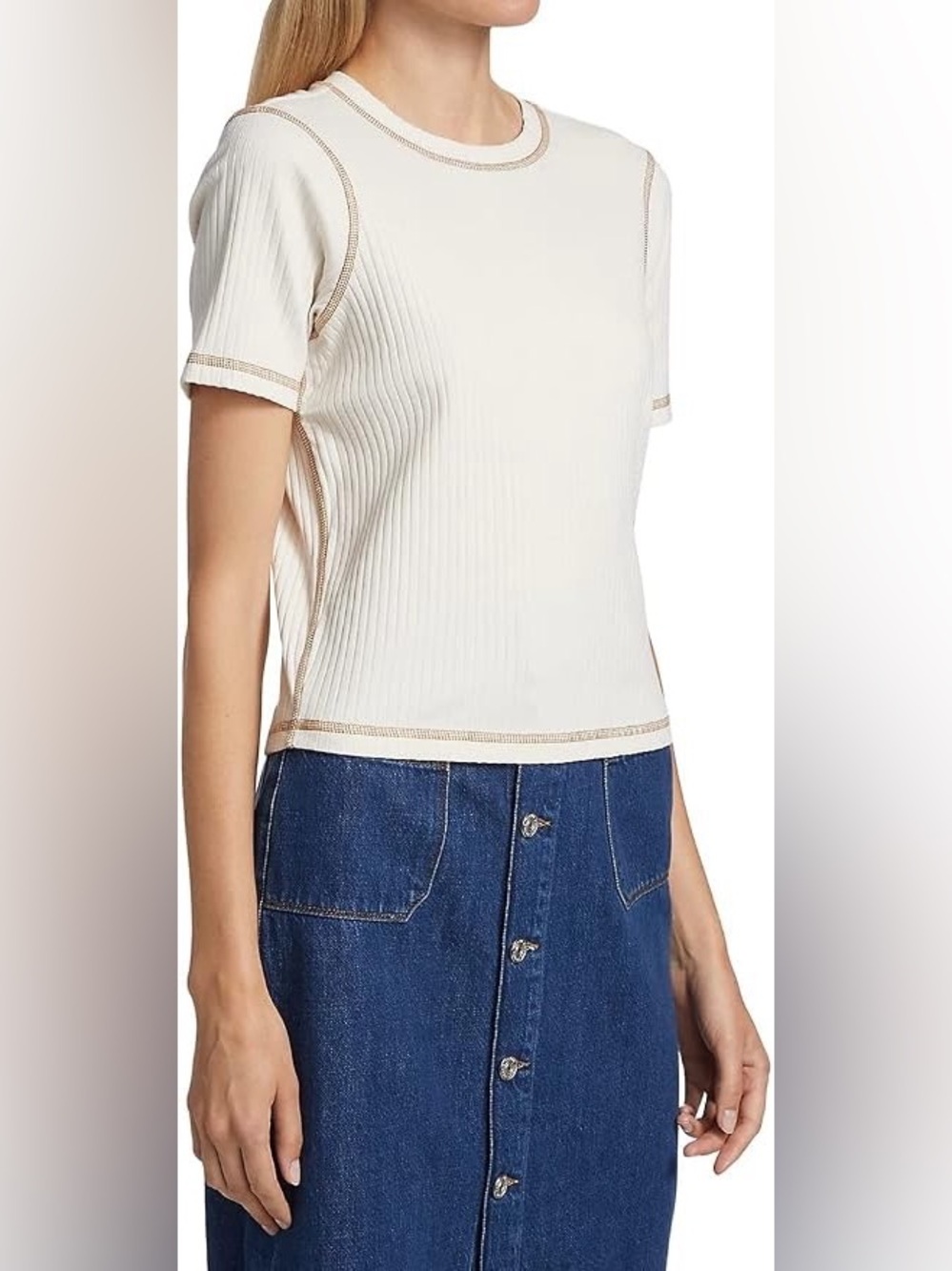 FRAME Contrast Stitch Ribbed Crop Top Bone Cream Rib Knit Tee Women Size S